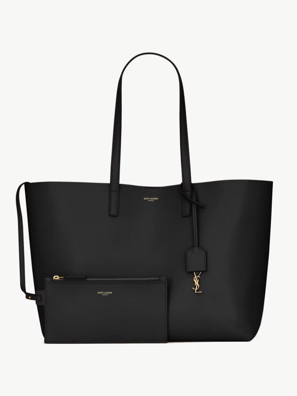 Saint Laurent Black Leather Shopper Tote with Gold YSL Charm and Pouch